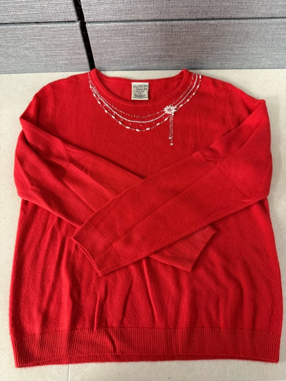 Allison Daley Red Beaded Floral Crewneck Sweater